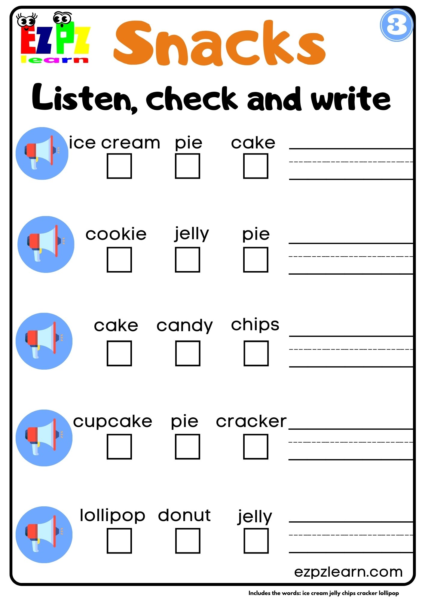 Interactive Snacks Worksheet Listen, Check and Write Activity for K3 and ESL Students Group 3 ...